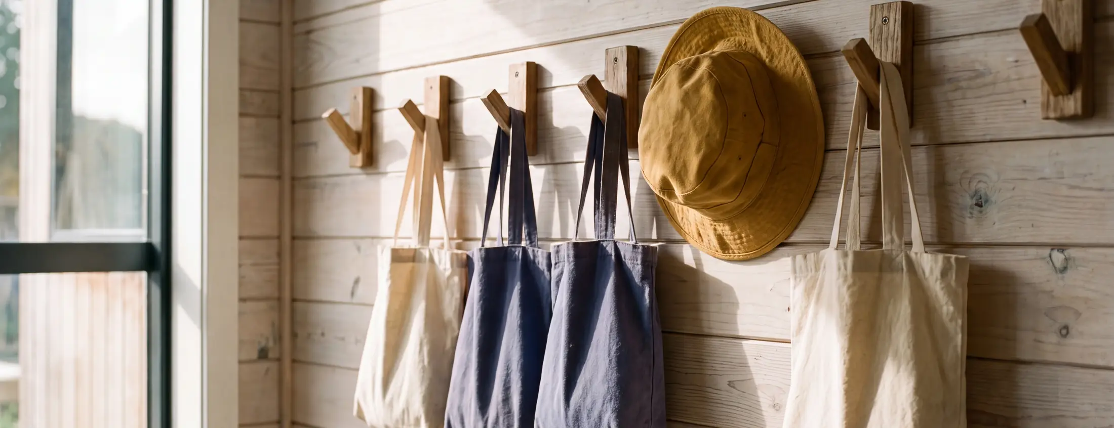 A row of small coat hooks on a timber wall, bags and a sun hat hanging